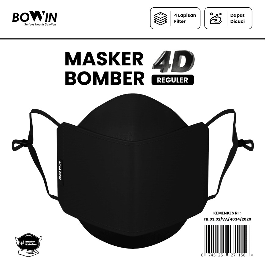 Bowin Masker Bomber - 2x Anti Bakteri & Percikan (Masker Kain 4ply)