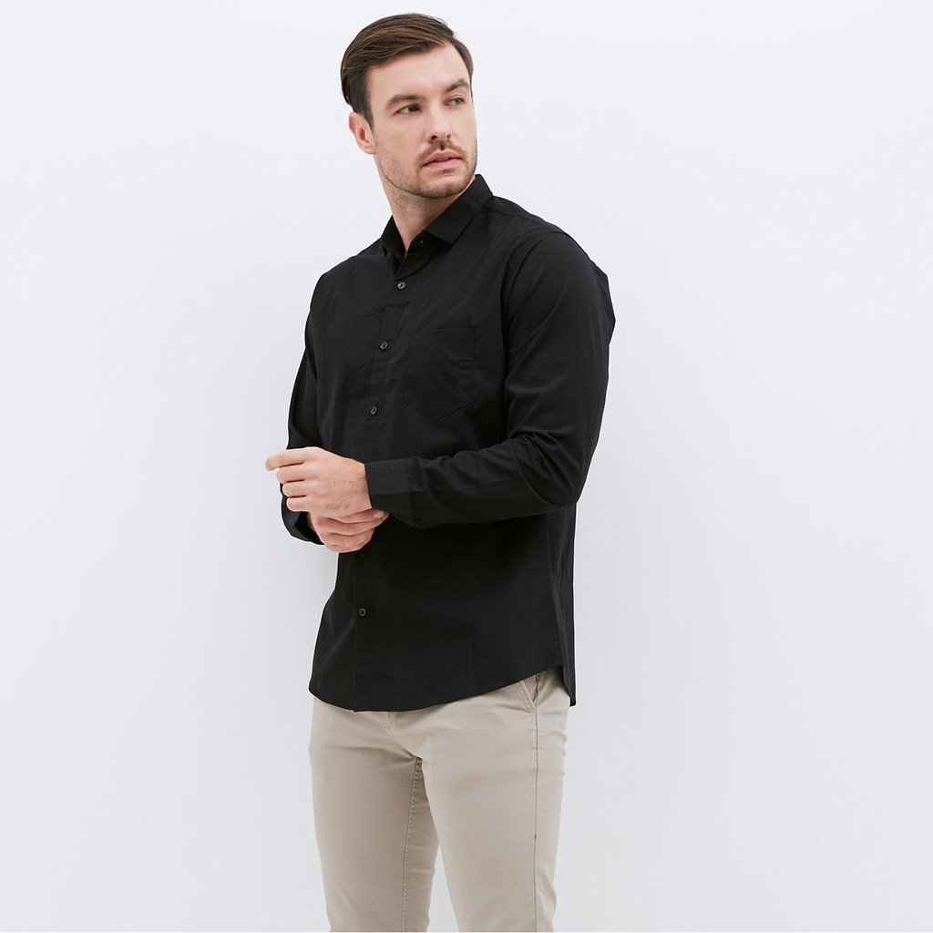 Kemeja Pria Basic Polos Panjang Hitam - Gambar 3